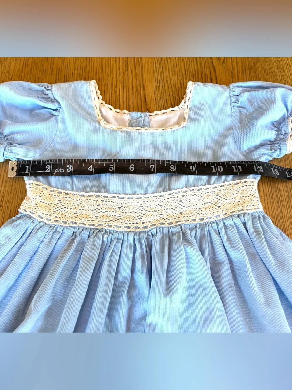 Smockingbird Girls Blue Cotton Lace Dress Puff Sleeve Ruffle Size 5